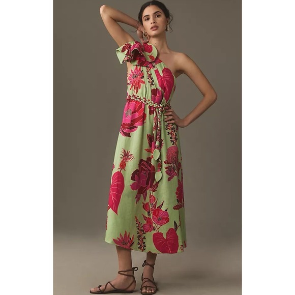 FARM Rio Dresses & Skirts - FARM RIO Fresh Garden One-Shoulder Linen Floral Midi Dress Size XS New $295